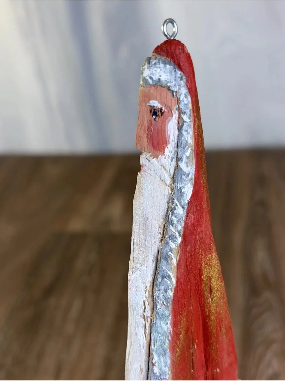 Vintage Hand Painted Folk Art Driftwood Santa Wood Rustic Ornament 8.5